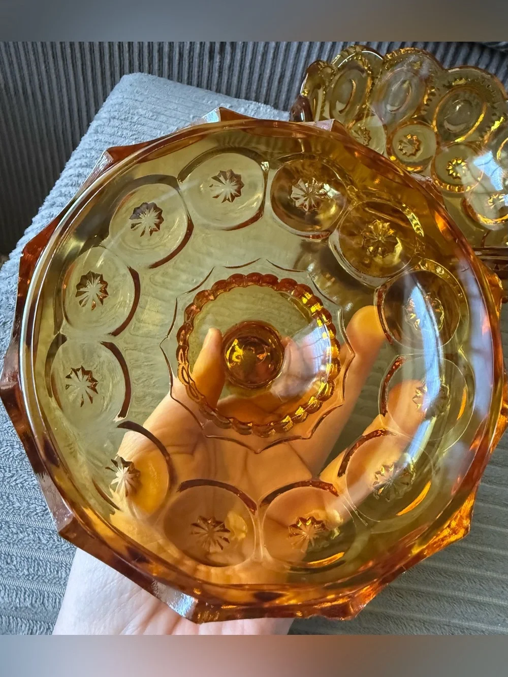 VTG L.E.Smith Moon Star Amber Glass Covered Candy Jar Dish - Picture 3 of 4